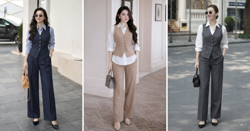 Sơ mi dáng rộng phối gile vest và quần ống rộng mang phong thái chuyên nghiệp